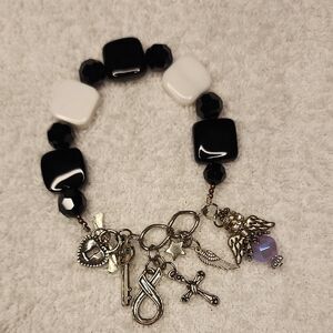 Black & White Charm Stretch Bracelet with Angel and Cross Charms